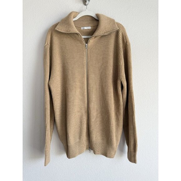 Zara Men’s Full Zip Wool Blend Sweater Tan Medium Chunky Knit Pockets Size XL - Picture 5 of 13